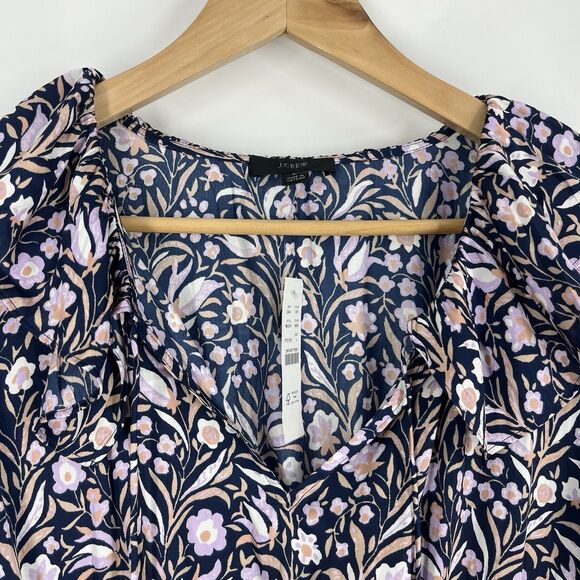 J Crew Dress Size Large Navy Purple Smocked Waist Floral Fields Mini V Neck - Picture 4 of 11